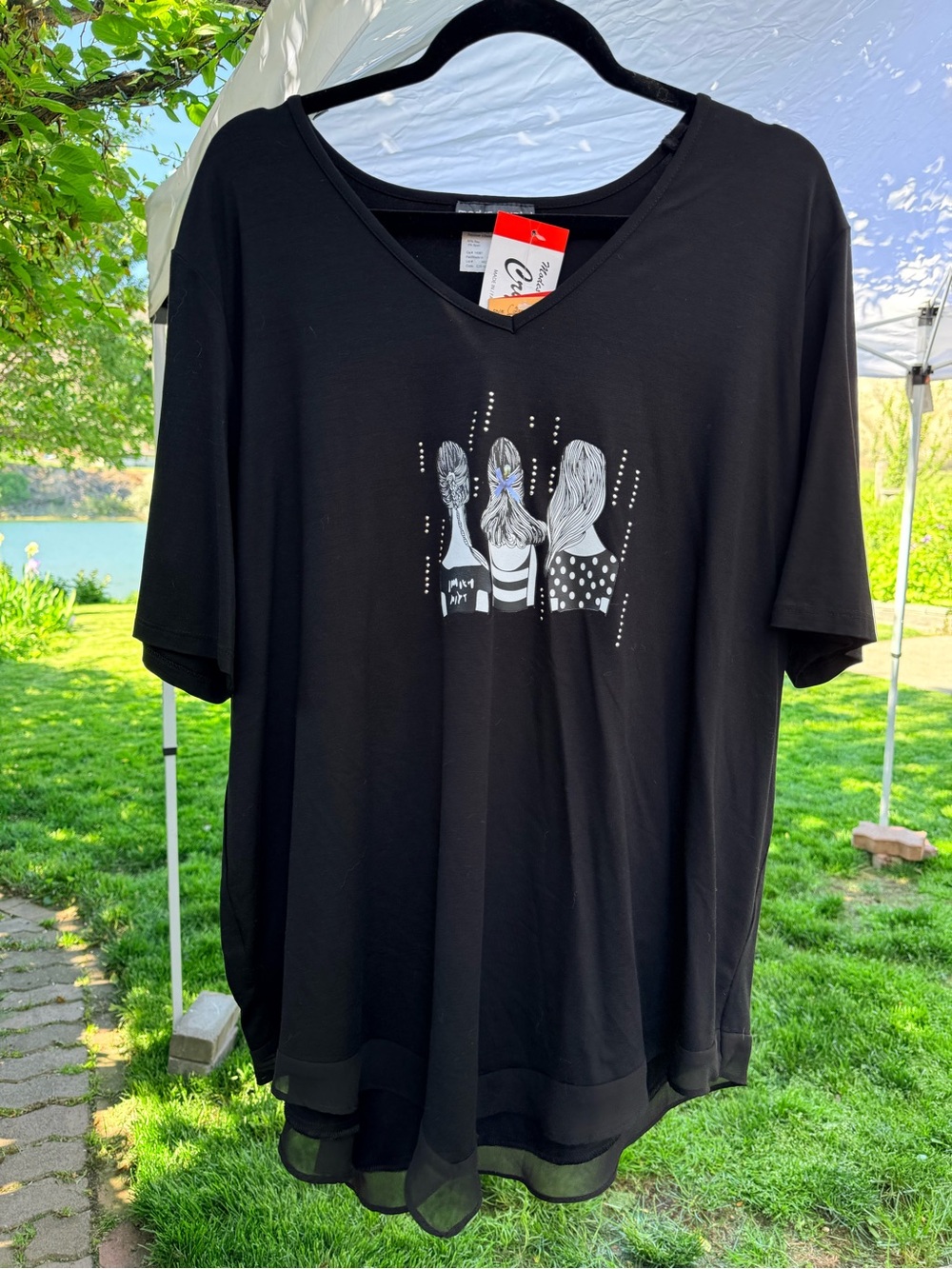 Plus-Size Black Short Sleeve V-Neck Tee with Back Graphic